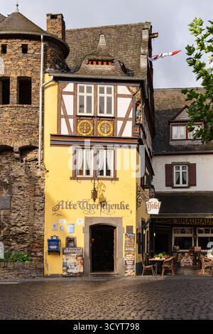 Historic hotel timbered building on a cobbled street in old town of Cochem, Rhineland-Palatinate, Germany, Europe.  Originally built in 1332 Stock Photo