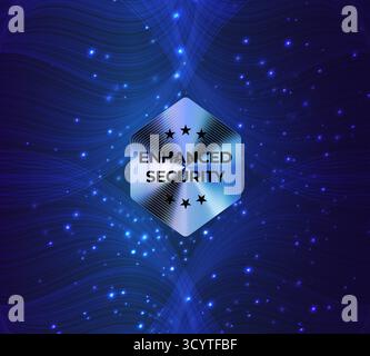 Cybersecurity badge, metallic hexagon shield on blue tech background with glowing network lines. For data protection, app, web, software marketing Stock Vector