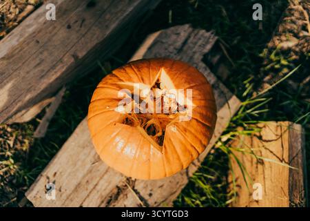 close up of halloween pumpkin into jack-o'-lantern Stock Photo