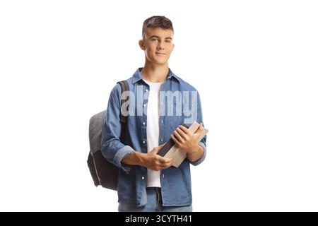 Male student standing and holding books isolated on white background Stock Photo