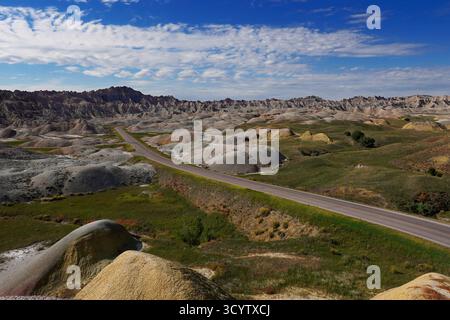 Road through the colorful mounds of Badlands National Park Stock Photo