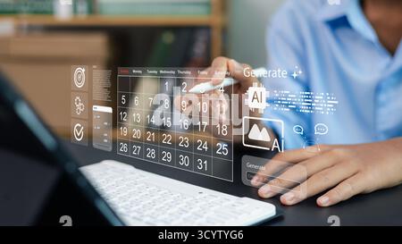 Business person using futuristic AI interface with digital calendar and hologram screen for time management, data analytics, and productivity technolo Stock Photo