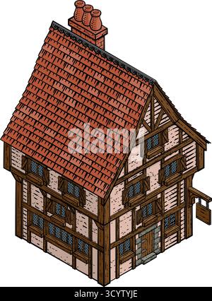 Medieval Timber House Isometric Illustration Stock Vector