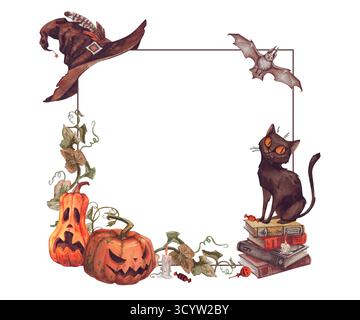 square frame Halloween - pumpkin, black cat, witch hat, ghost, sweets, leaves, candle, bat, book. vintage watercolor illustration on white background. Stock Photo