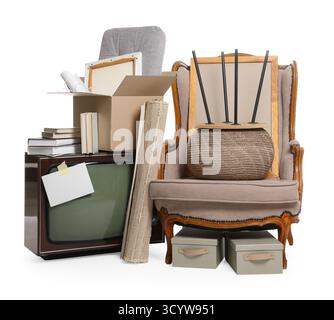 Garage sale. Different used stuff isolated on white Stock Photo
