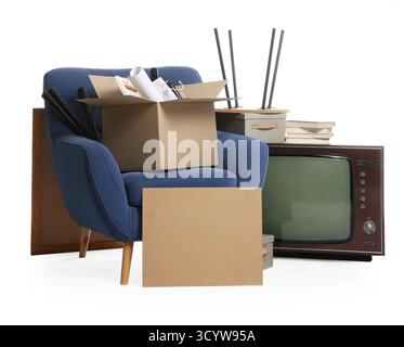 Garage sale. Different used stuff isolated on white Stock Photo