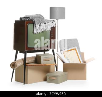 Garage sale. Different used stuff isolated on white Stock Photo