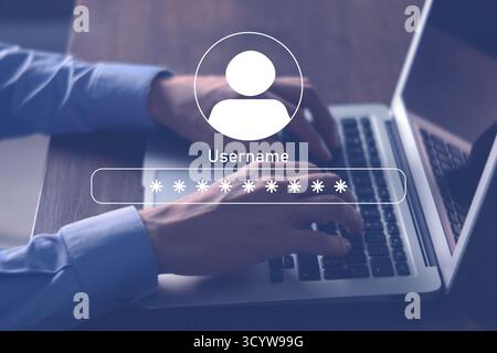 Password required to sign in to user account. Man using laptop at table, closeup Stock Photo