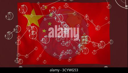Displaying Chinese flag in illustration, with network of white icons and lines over red globe Stock Photo