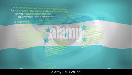 Displaying cyan stripes flag featuring Earth globe and five turquoise stars over network and code Stock Photo