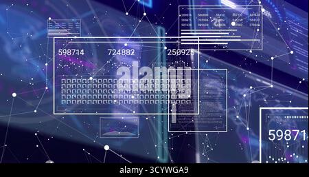 Floating central data panel showing numeric readouts with icons in interface, nodes linking panels Stock Photo