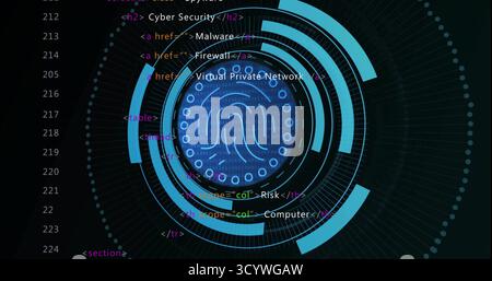 Displaying blue fingerprint icon pulsing with HUD rings on screen, with HTML code and binary digits Stock Photo