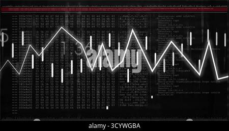 Displaying fluctuating white graph in terminal with hex code and network log overlay, tick marks Stock Photo