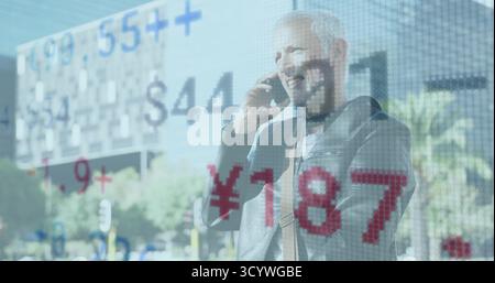 Talking on smartphone wearing blazer, messenger bag on sidewalk, stock data overlaying, copy space Stock Photo
