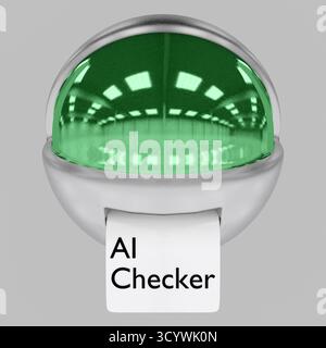 3D illustration of the message AI Checker printed on a paper extracting out of a robot mouth, isolated on gray. Stock Photo