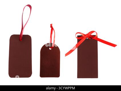 Brown tags of different shapes isolated on white, set. Top view Stock Photo