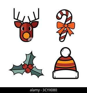 Festive christmas icons set with reindeer candy cane holly and beanie for holiday designs bundle vector illustration on white background Stock Vector
