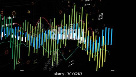 Displaying colorful vertical bars with wavy line graphs on dark grid backdrop, with geometric icons Stock Photo
