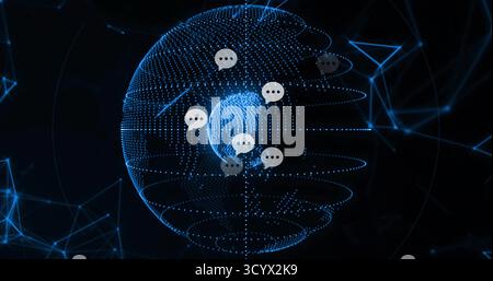 Displaying dotted globe spinning in network, with node lines, angular data links, chat bubbles Stock Photo