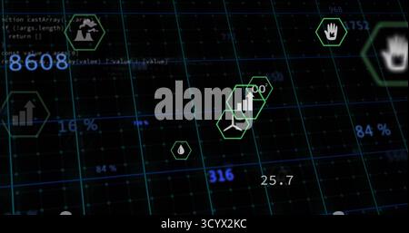 Displaying virtual control-panel showing green hexagon icons over 3D grid with numeric overlays Stock Photo