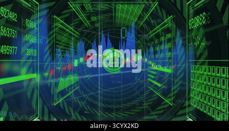Displaying holographic interface moving through data tunnel, with candlestick charts and bar graphs Stock Photo