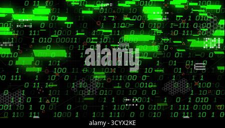 Presenting data in digital interface with binary digits, bars, hex grids, circuit lines and symbols Stock Photo