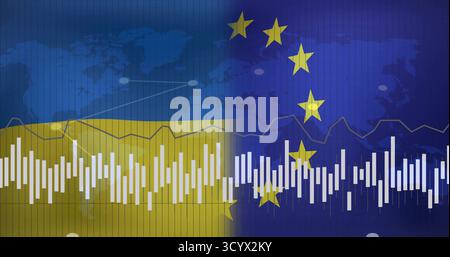 Displaying bar chart and line graph overlaying world map graphic split by Ukrainian flag, EU stars Stock Photo