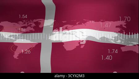 Presenting central graphic in digital visualization, with white cross, world map, scale and targets Stock Photo