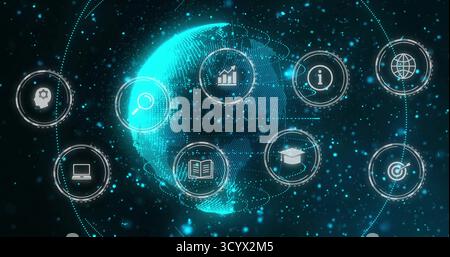 Floating digital globe streaming data in virtual cyberspace, surrounded by holographic icons Stock Photo