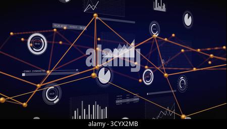 Glowing orange nodes pulsing across control panel, with connecting lines, pie charts and bar graphs Stock Photo