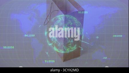 Rotating glowing green globe in virtual dashboard, with brown bag, map grid and numeric labels Stock Photo