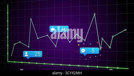 Graph displaying jagged cyan line with markers on purple grid, with axes, callouts, rainbow shapes Stock Photo