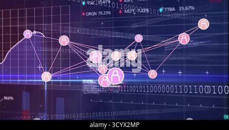 Displaying network graph of pink user icons interconnecting on data dashboard, with binary overlay Stock Photo
