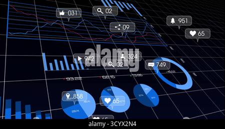 Data dashboard displaying financial metrics in virtual interface, with 3D charts and social icons Stock Photo