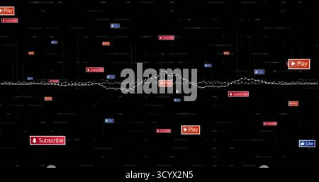 Displaying white dotted waveform across UI, with floating red Play, Subscribe, blue Like buttons Stock Photo