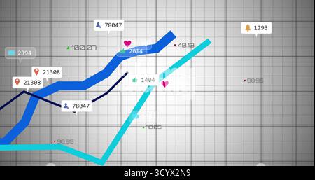 Displaying stylized analytics dashboard with colored line graphs on grey grid, with data markers Stock Photo
