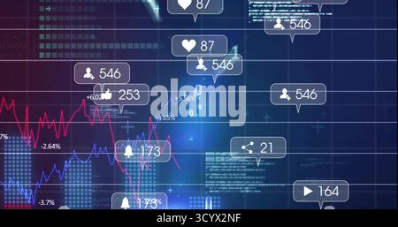 Displaying social media icons and red, blue fluctuating graphs on dashboard, with percentage labels Stock Photo