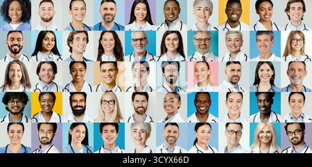 Collage of Diverse Medical Professionals Smiling in a Bright and Colorful Set Stock Photo