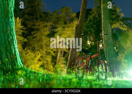 Red Bicycle by Tree in Night Forest. A vintage red bicycle leans against a tall tree in a dimly lit forest at night, with lush green grass in the fore Stock Photo