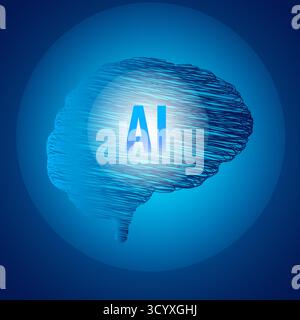 Creative artificial intelligence scribble brain illustration on a blue background, symbolizing digital thinking, neural networks, and futuristic techn Stock Vector
