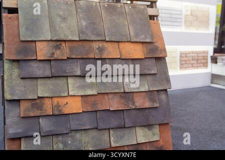 Different kinds of ceramic tiles for the roof in shop, color samples. Industry Stock Photo