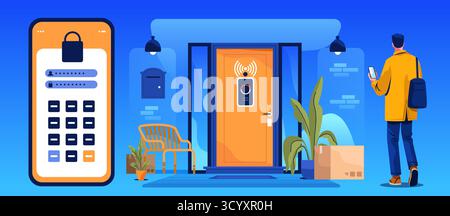 Smart home security access control system app man using mobile phone at front door with wireless lock modern house exterior plants parcel bench blue Stock Vector