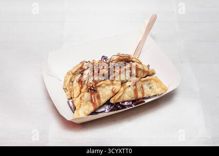 Crispy gyozas filled with confit duck, spring onion, and hoisin sauce, presented on a bamboo tray Stock Photo