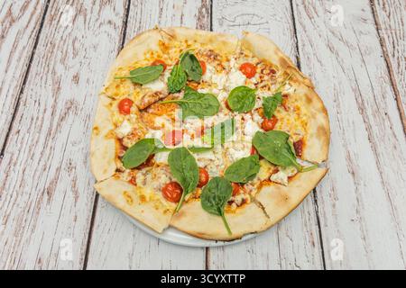 Eggplant pizza with roasted eggplant, sun-dried tomatoes, fresh basil, and grated pecorino cheese Stock Photo