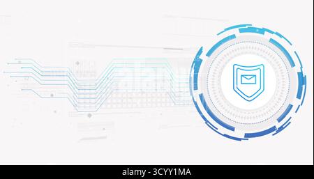 Displaying shield icon with envelope inside cybersecurity HUD with neon circuit traces, copy space Stock Photo