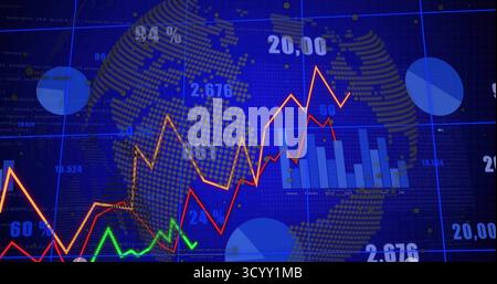 Displaying dashboard on dark blue grid interface, with line graphs, bar chart and world map overlay Stock Photo