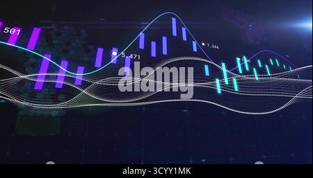 Displaying visualization in virtual space, with purple cyan 3D bar charts and neon blue waveforms Stock Photo