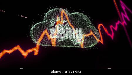 Displaying cloud icon with gear symbols, orange-magenta data lines and numerical labels on black UI Stock Photo