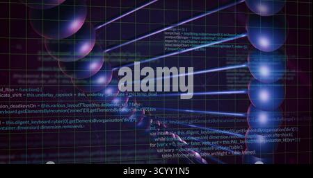 Displaying reflective spheres suspended on glowing rods in neon 3D grid, showing floating code Stock Photo