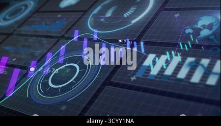 Displaying futuristic dashboard showing holographic data on grid interface with charts and gauges Stock Photo